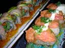 LEFT: Naminori $17 (Yellowtail, avocado, green bean tempura, asparagus, gobo, cucumber, yuzu ponzu) RIGHT: Tuna A La Tostada $12 (crispy rice topped with spicy tuna)
